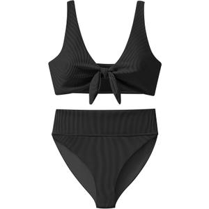 ANRABESS Bikini Sets for Women Summer High Waisted 2 Piece Bathing Suit Ribbed Tie Knot Swimsuit 2026 Beach Vacation Swimwear (Small, Black)