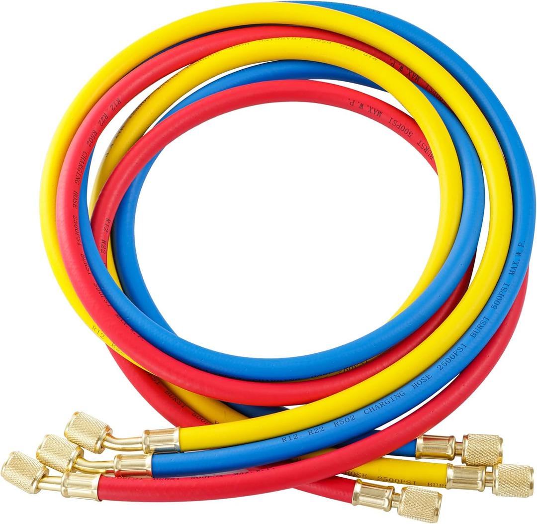 3 Pieces AC Manifold Gauge Hose Kit, Refrigerant Charging Hoses 1/4 SAE, 5FT AC Manifold Gauge Hose Kit for R404A R12 R502, A/C Charging Hose