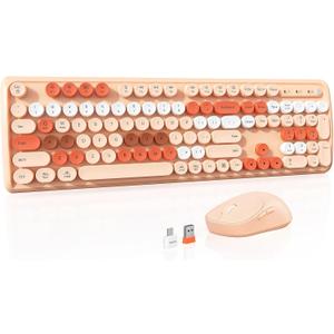 Colorful Wireless Computer Keyboards Mouse Combos,Full-Size Retro Typewiter Keyboard, 4 Level DPI Adjustable Wireless Mouse, 2.4GHz Connection with Optical Mouse, Creamy (Milk Tea)