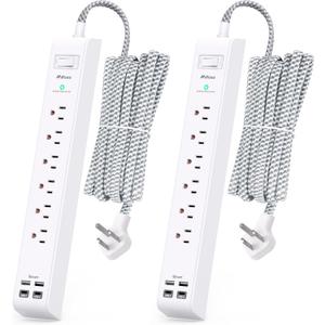 2 Pack Extension Cord 10ft Power Strip - Surge Protector with 6 Outlets 4 USB Charging Ports, Flat Plug, Overload Protection, Wall Mount for Home Office, Dorm Room Essentials (White)