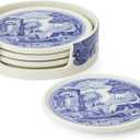 Spode Blue Italian Coasters for Drinks | Set of 4 | Ceramic Coasters and Holder | Tabletop Protection | Housewarming or Birthday Gift | Round (Blue/White)