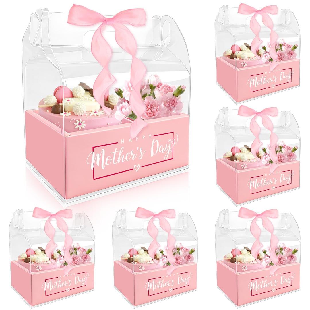 Noxglory 6 Set Mother Day Cake and Flower Clear Boxes Portable Clear Gift Box for Cake Flower Pack Together Transparent Gift Packaging with Ribbon for Mother Day Mom Wife Party
