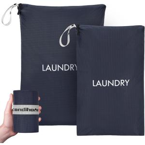 Travel Laundry Bag (2 Pcs - Large + Small) - Foldable Waterproof Washable Wet Dry Bag for Gym, Swimming, Yoga, and Workout Perfect for Dirty Clothes, Bathing Suits, Travel Accessories - Navy Blue