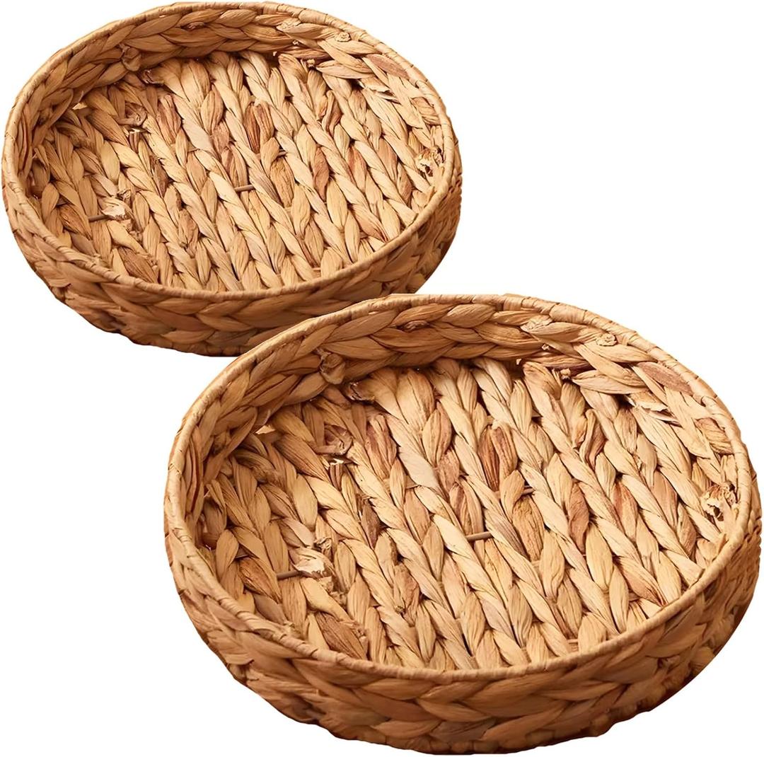 2Pcs Round Wicker Basket Tray, Large Woven Trays for Coffee Table Decor, Natural Water Hyacinth Serving Trays for Decor and Organization