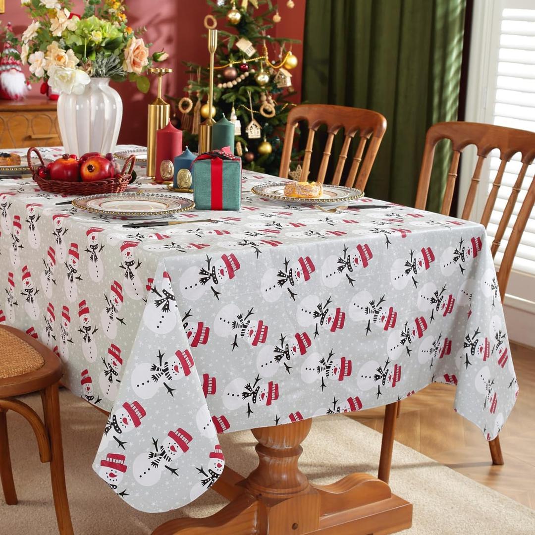 Christmas White Snowman Vinyl Tablecloth with Flannel Backing,Rectangle PVC Table Cloth, Xmas Waterproof Tablecloths for Dining Kitchen Winter Holiday, Festival New Year Party Decor, 60102 Inches