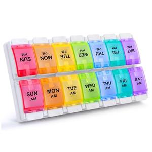 Pack of 2, Sukuos AM PM Weekly Pill Organizer 2 Times A Day, Large Daily Pill Box Case 7 Day with Easy Push Button Design, Detachable Medicine Holder for Vitamin/Fish Oil/Supplements (Rainbow)