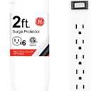 GE 6-Outlet Surge Protector, 2 Ft Extension Cord, Power Strip, 450 Joules, Twist-to-Close Safety Covers, UL Listed, White, 33656