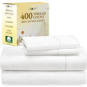 California Design Den Queen Sheet Set - Soft 400 Thread Count Sateen, Natural 100% Cotton Sheets, Deep Pockets with All Around Elastic for a Snug Fit, Cool & Durable Bedding Set - Antique White
