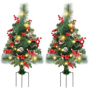FORUP Set of 2 30 Inch Pre-Lit Pathway Christmas Trees Urn Filler, Outdoor Christmas Tree Decorations for Porch, Driveway, Yard, Garden, with 60 LED Lights, Red Berries, Pine Cones, Red Ball Ornaments