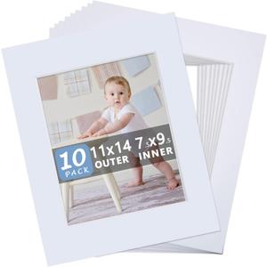 Somime 10 Pack Pre-Cut 11 x 14 White Picture Mats for 8x10 Photos - White Core Bevel Cut Frame Matte, Acid Free, Ideal for Frames/Artwork/Prints