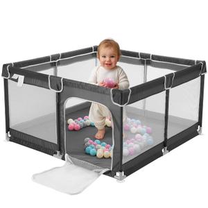 Navaris Baby Large Playpen - 51.2" x 51.2" (130 x 130cm) Breathable Mesh Playground with Safety Gate - Indoors Outdoors Play Pen for Babies and Toddlers - Extra Large Play Area