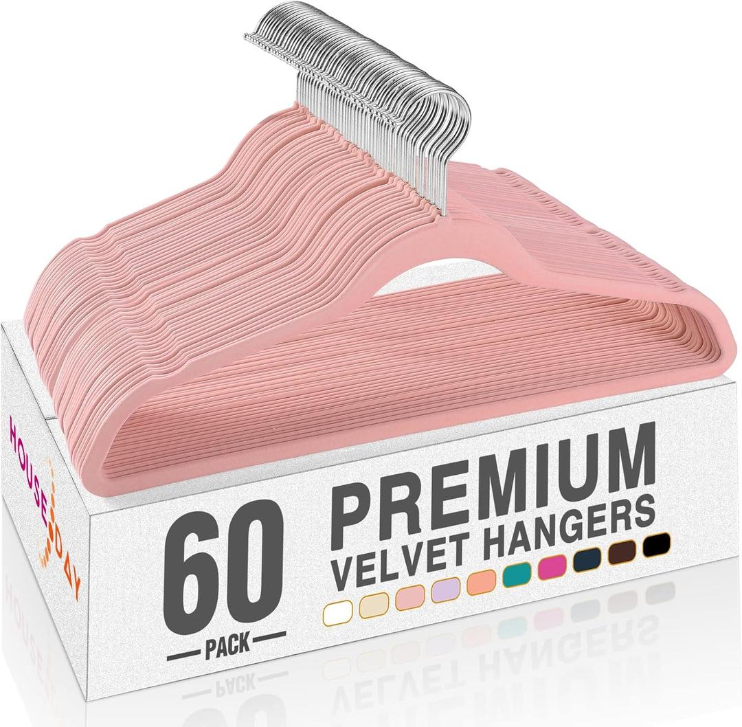 HOUSE DAY Lt Pink Velvet Hangers 60 Pack, Non Slip Clothes Felt Hanger Heavy Duty for Coat, Premium Slim Space Saving Suit Hangers for Closet Organizer, 360 Rotating Silver Hook
