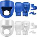 Kanayu 14 Pcs Boxing Gloves and Headgear Set for Beginners Youth 16 Ounce Boxing Gloves Headgear Helmet Hand Wraps Mouth Guards Equipment for Beginners Training Equipment Gifts (Blue, White)