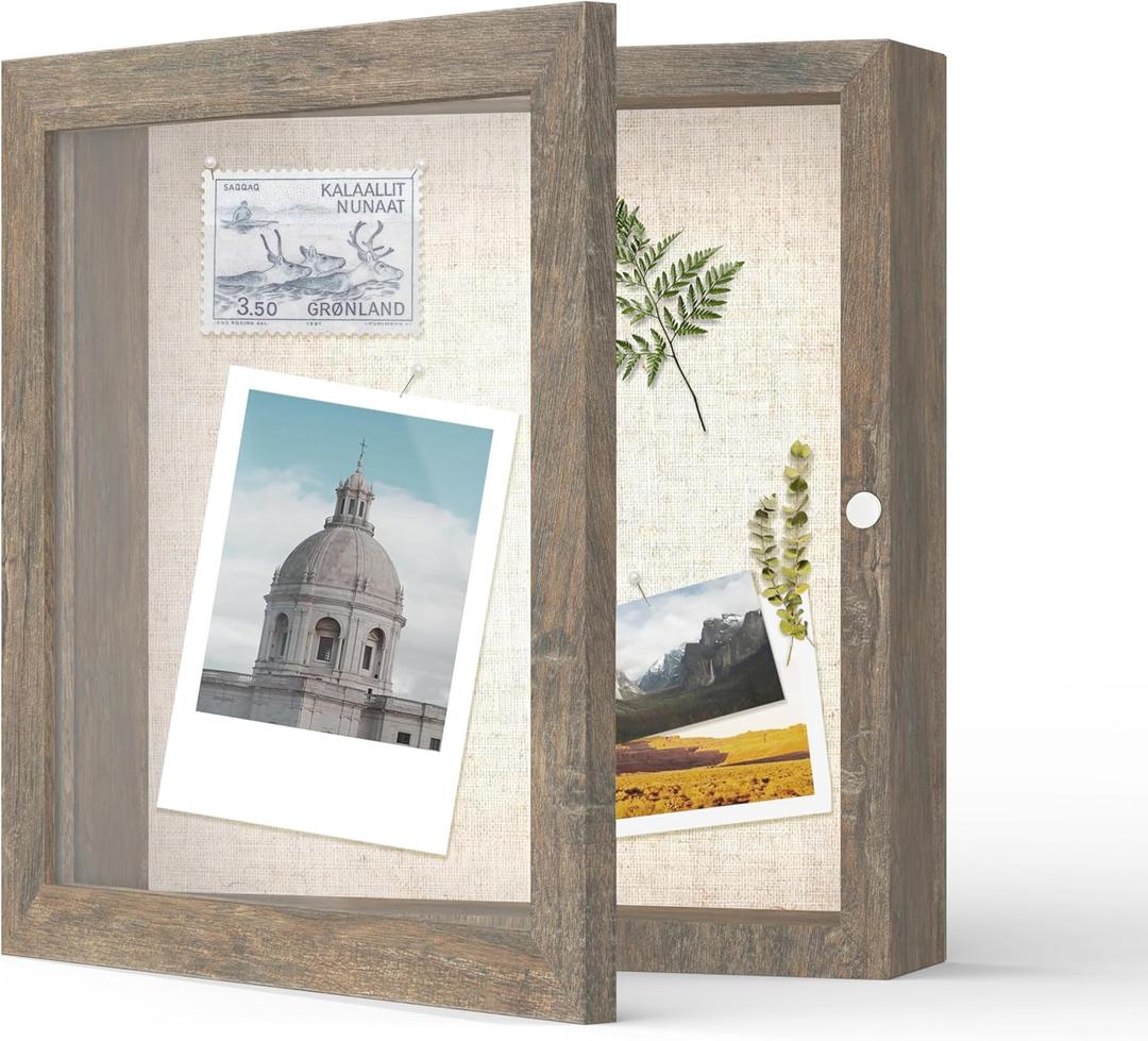 FrameWorks 8x8 Deep Shadow Box Frame, Wooden Display Case w. Linen Board & Tempered Glass Door - Brown Woodgrain - Small - Wall Mounted
