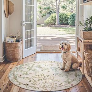 jinchan Round Rugs 5ft Ivory Botanical Birds Print,Machine Washable 5' Circle Nature Plants Modern Soft Non-Slip Throw Area Rugs,Ultra-Thin Low Pile Carpet for Entryway Bedroom Kitchen Kids Room