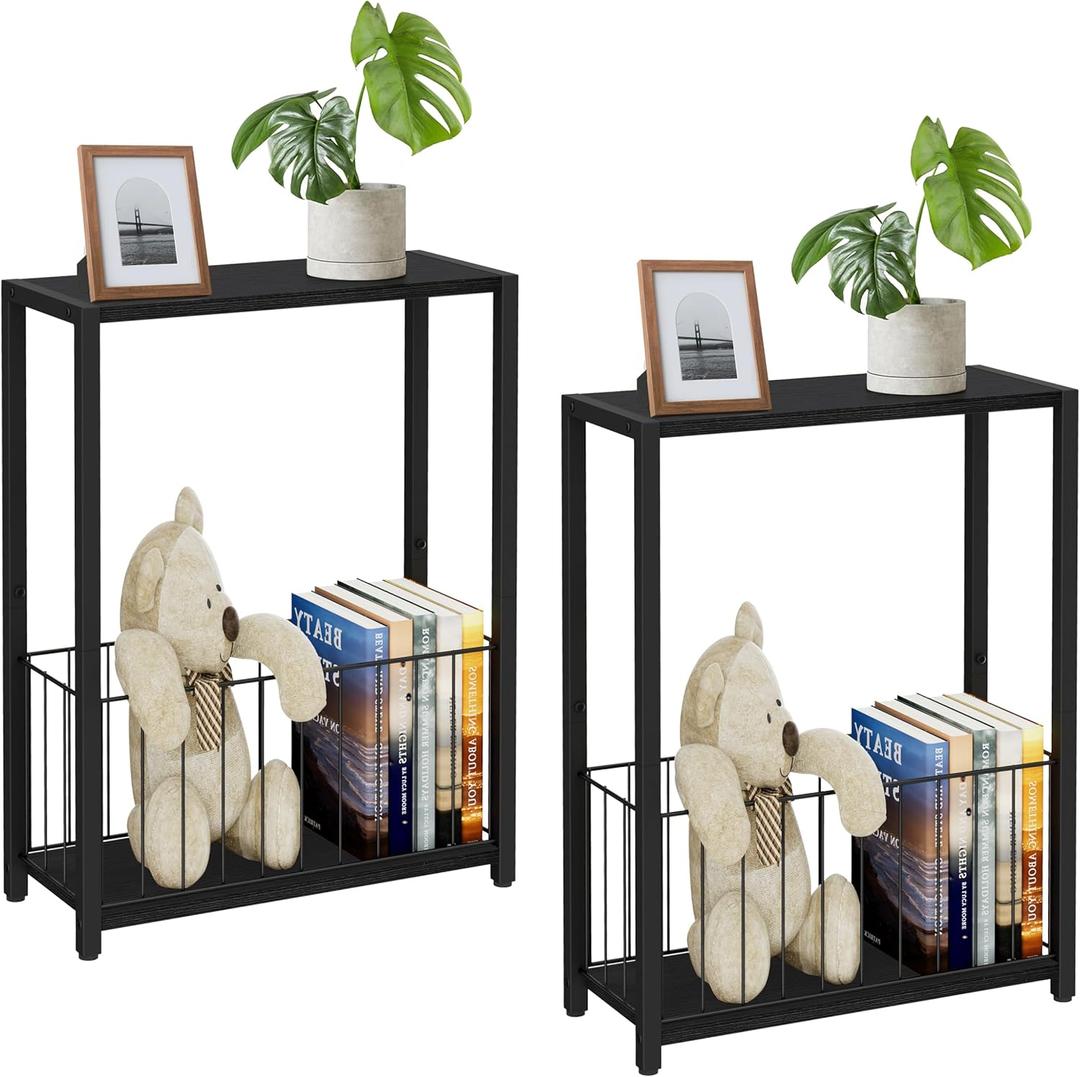 Homleke Narrow Side Tables Set of 2 with Magazine Holder, Skinny End Tables Perfect for Small Spaces, Space-Saving Design for Living Room, Bedroom, or Office, 7.1" D x 16.9" W x 23.6" H, Black