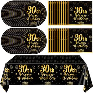 41Pcs 30th Birthday Party Decorations for Men Women, Black Gold Happy 30th Birthday Supplies with 20 Plates, 20 Napkins and 1 Tablecloth, 21 Years Old Party Disposable Tableware Kit for Him Her