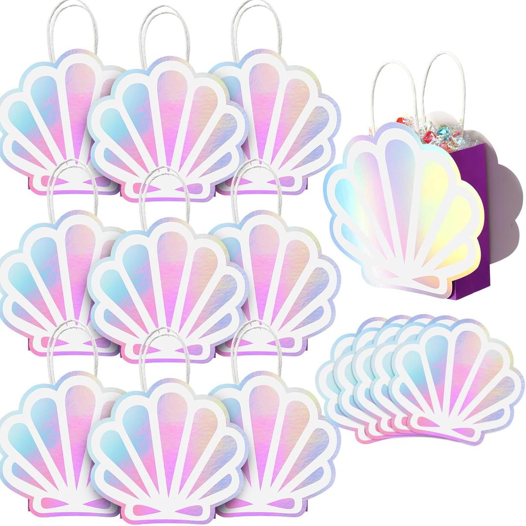 Locmeo 12 Pack Holographic Sea Shell Gift Bags DIY Mermaid Party Favor Bags with Iridescent Shell Paper Cards for Mermaid Themed Supplies Ocean Under the Sea Party Favors