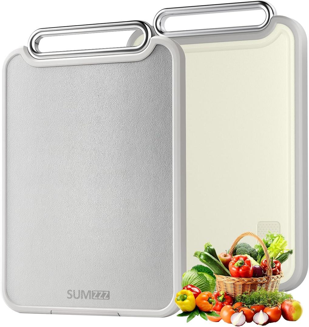 Sumzzz 2-in-1 Stainless Steel Cutting Board, Double-Sided for Raw Meat & Vegetables, Dishwasher Safe, Easy to Clean, Non-Slip Large Chopping Board with Juice Groove, Ideal for Home Kitchen (1611)
