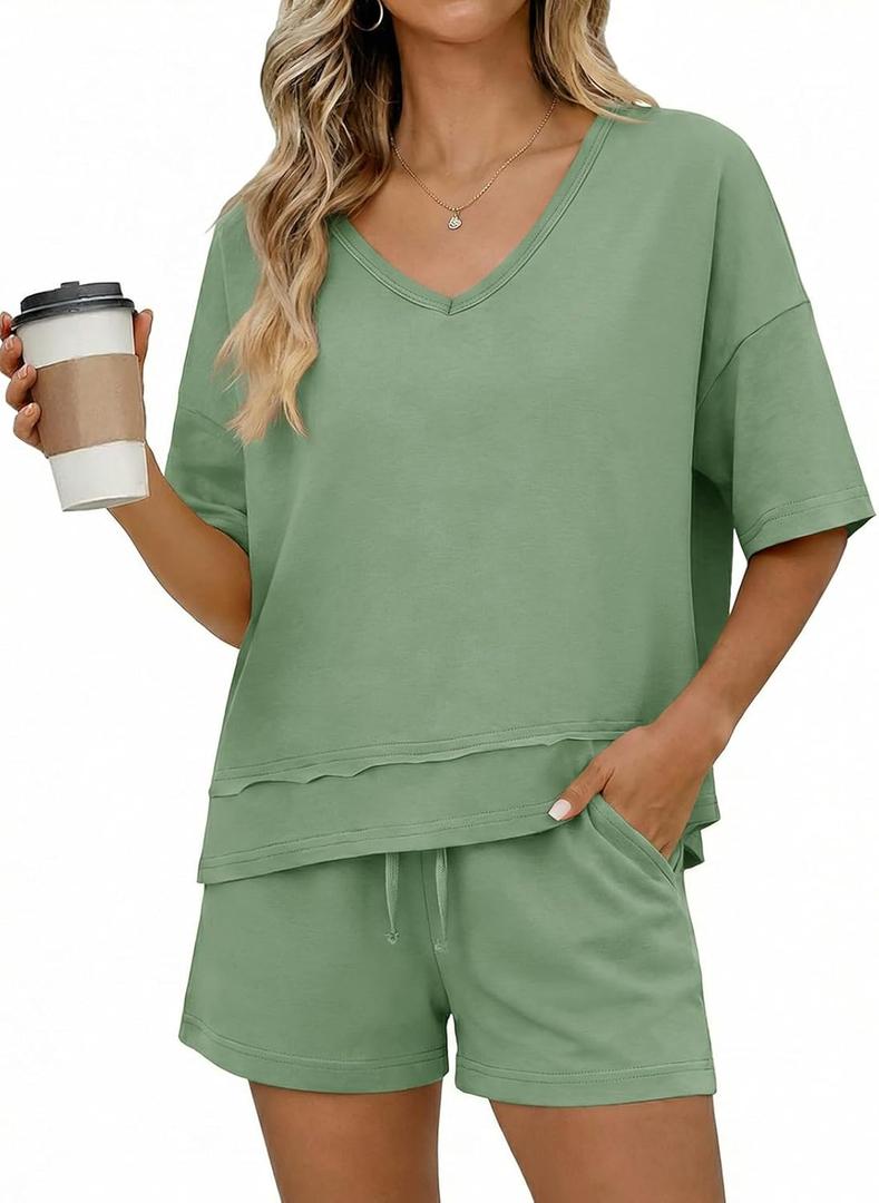 Tankaneo Womens 2 Piece Outfits Shorts Set Summer Casual Short Sleeve V Neck T Shirts Tops Matching Lounge Sets (Green, XXL)