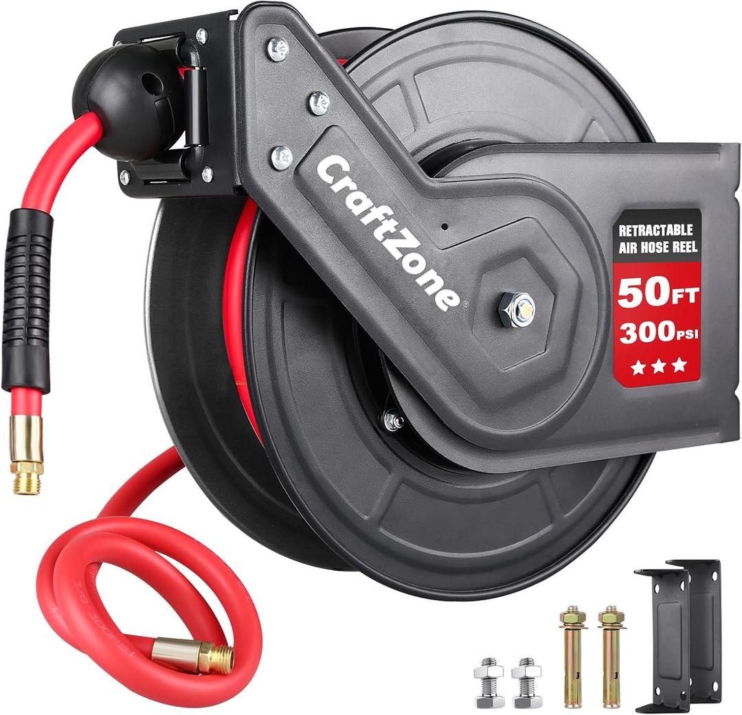 Retractable Air Hose Reel | Rewind 50 ft x 3/8 in Hybrid Air Hose Max 300PSI | Heavy Duty Air Compressor Hose Reel with Auto Rewind and Bracket | Ceiling|Wall Mount for Garage | Workshop | Home Studio