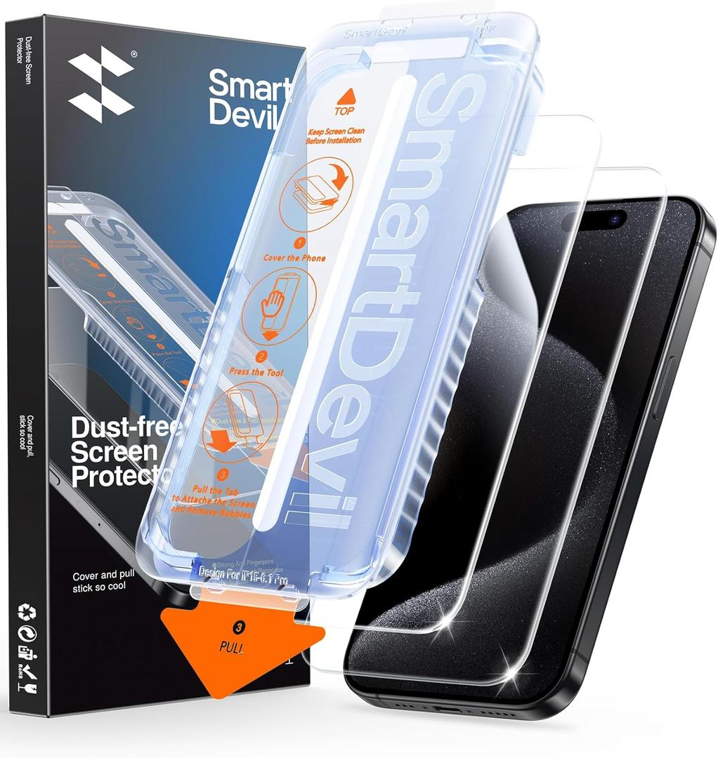 SMARTDEVIL 2 Pack for iPhone 15 Pro Screen Protector, 9H Hardness Military Grade Shatterproof, HD Clear Tempered Glass with Auto Dust-Elimination, Bubble Free, Easy Installation, Case Friendly