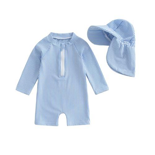 Gueuusu Baby Boys Girls Swimsuit One Piece Striped Zipper Bathing Suit Rash Guard Long Sleeve Seersucker Swimwear Sunsuit (Green, 6-12 Months)