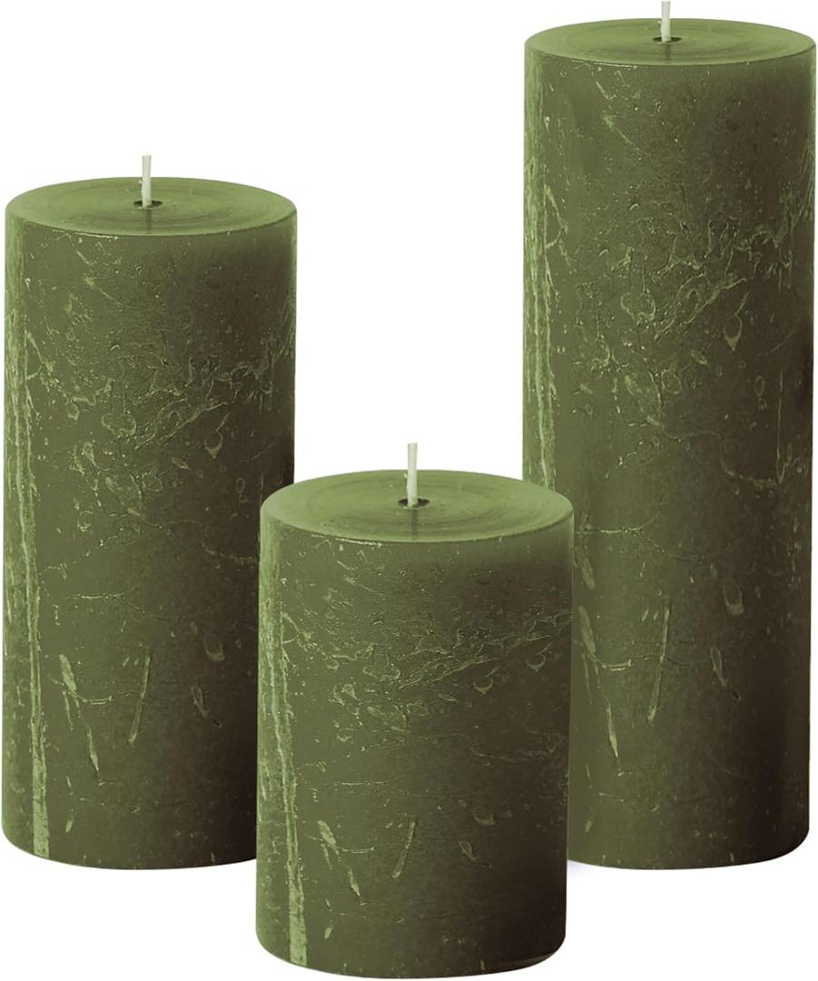 Simply Soson 3x4, 3x6, 3x8 inch Dark Moss Green Pillar Candles, Set of 3 Pillar Candles, Rustic Texture, Unscented Green Candles Dripless Candles Ideal as Wedding Parties Spa Dinner Home Decor Church