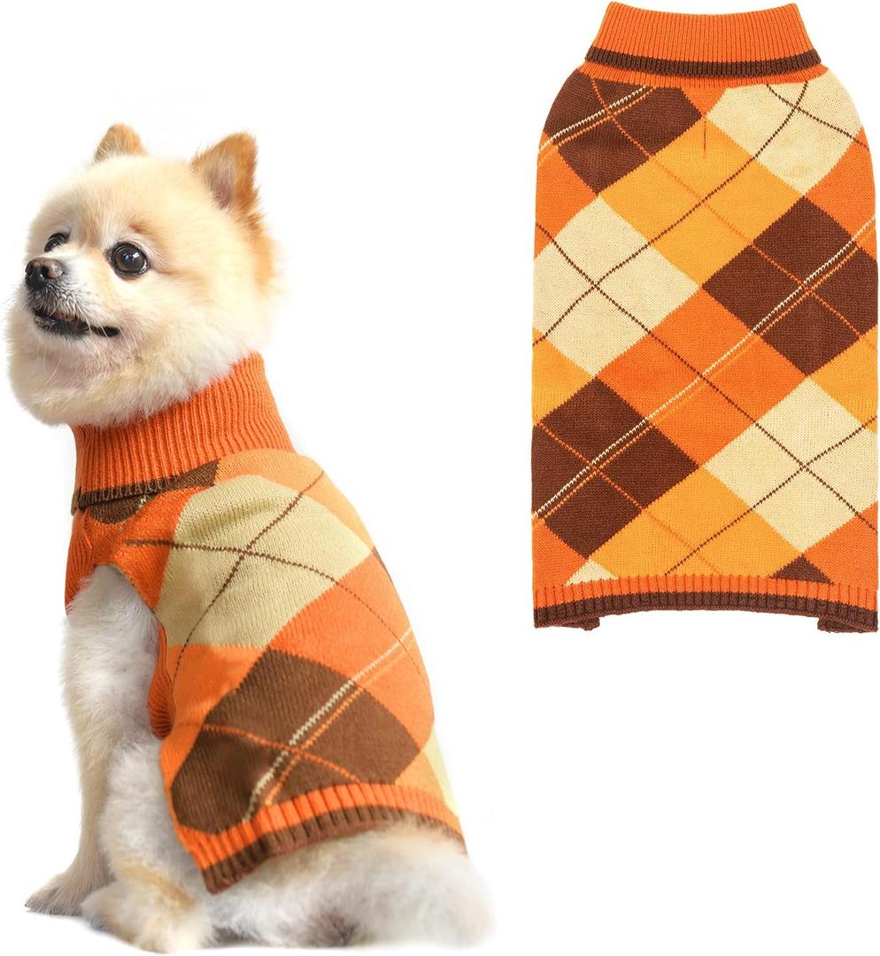 KOOLTAIL Dog Sweater Pet Knitted Clothes - Classic Plaid Pullover Turtleneck Fall Thanksgiving Dog Sweaters with Leash Hole, Thick Cold Weather Dog Outfits for Small Medium Large Dogs Cats Puppy S/M, Orange