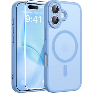 FNTCASE for iPhone 16 Case [Compatible with Magsafe] Translucent Matte Cases with [Screen Protector] Military Grade Shockproof Protective Phone Cover - Light Blue