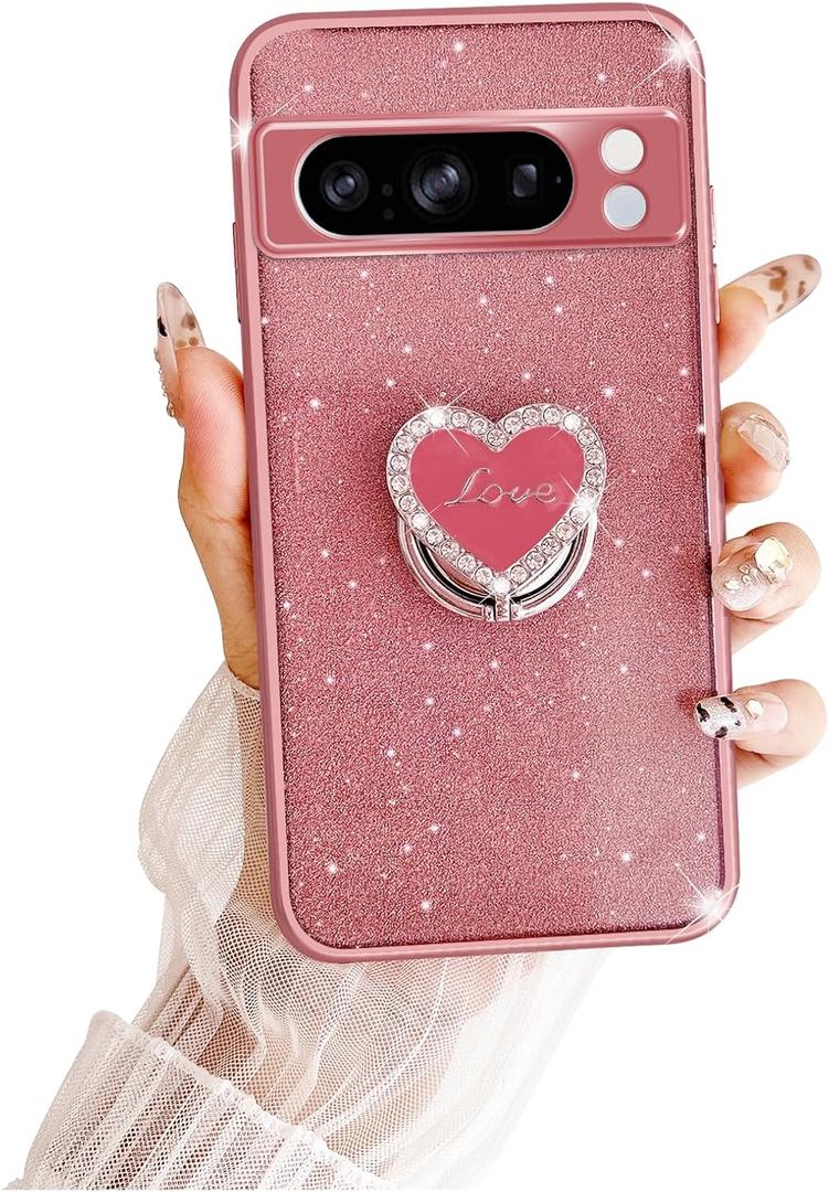 for Google Pixel 8 Pro Case,Clear Cute Glitter Bling 3-Layer Sparkle Protective Case with Ring Pretty Kickstand, Women Girls Girly Phone Case for Pixel 8 Pro (Rose)