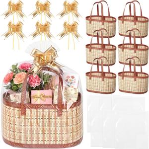 Reallnaive 6 Set Gift Basket Empty Woven Bamboo Storage Baskets with Clear Gift Bags Pull Bows Ribbon Foldable DIY Gifts Basket Kit with Handle for Baby Shower Housewarming