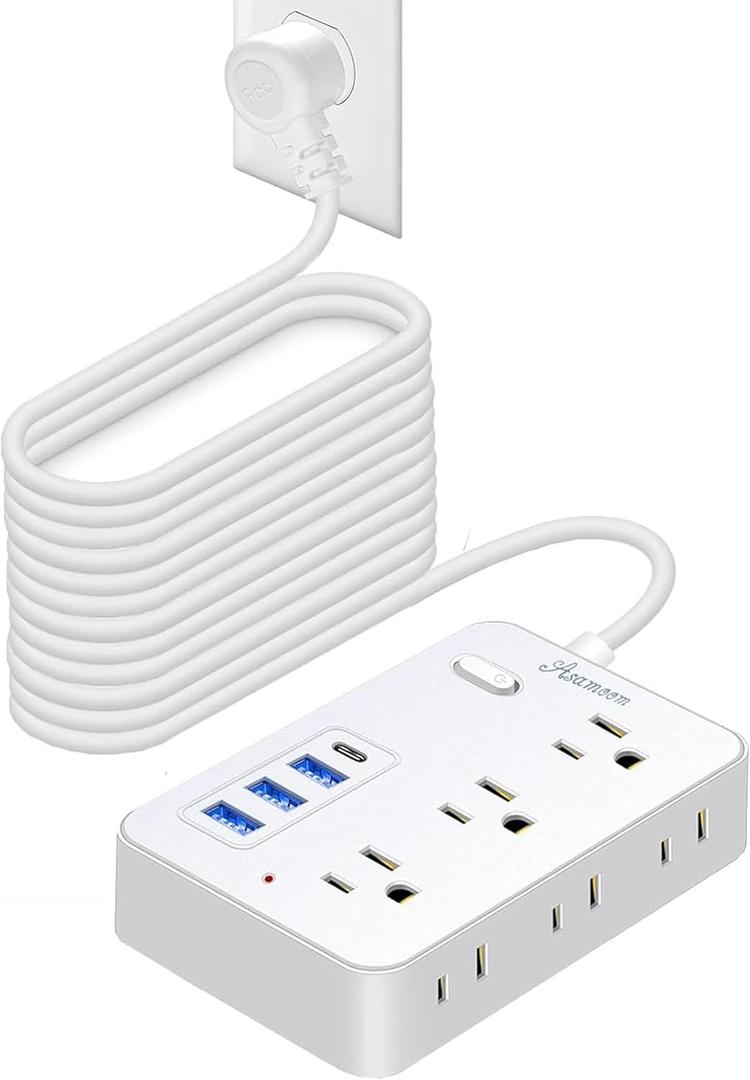 15 FT Extension Cord with Multiple Outlets, Asamoom 15 ft Surge Protector Power Strip with 6 Outlets with 4 USB Ports(1 USB C)Flat Plug with Long Cord 1700 Joules Protection for Home Office White