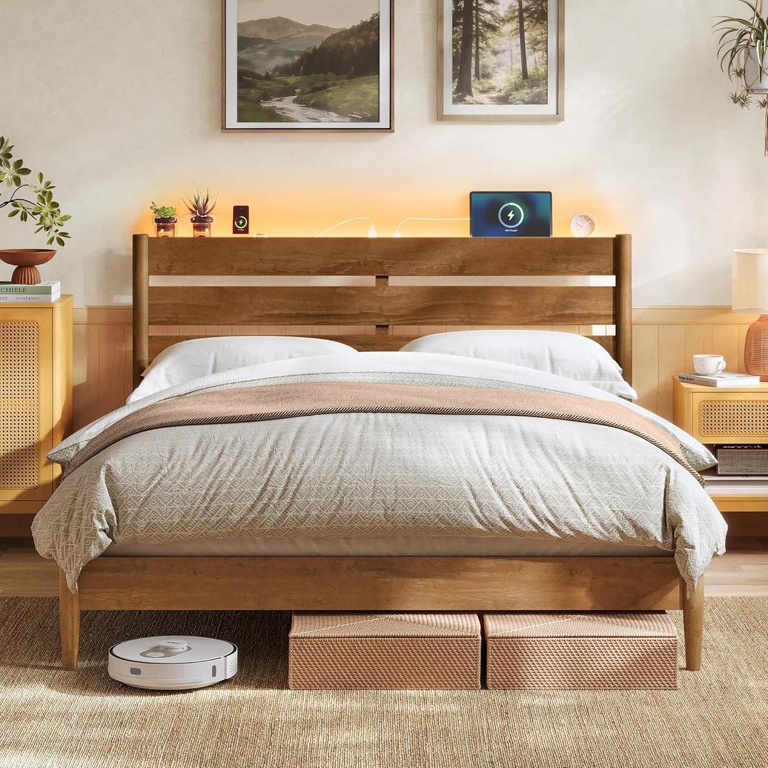 SONGMICS Home Queen Bed Frame with Headboard, LED Lights & Charging Station, Solid Wood Legs and Slats, Mid-Century Modern Platform Bed, No Box Spring Needed, Caramel Brown URMB411K01V1