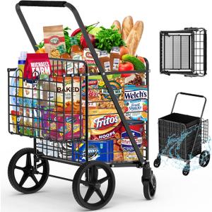 450lbs Capacity Shopping Cart,Upgrade Huge Grocery Cart on Wheels,Heavy Duty Foldable Utility Shopping Carts with Double Basket and 360 Rolling Swivel Wheels for Groceries Laundry Transport 1 Super Jumbo