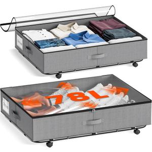 XXXL 78L Under Bed Storage with Wheels, Rolling Storage Containers with Clear Lid & Label, Heavy-Duty Metal Frame, Easy Pull-out, Underbed Storage Bins for Clothes, Shoes, Blankets, and Toys, 2 Pack