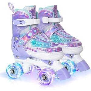 MammyGol Roller Skates for Girls Kids Boys, 4 Sizes Adjustable Quad Toddler Skates Indoor Outdoor Ages 3-8, Pink Blue Purple Green, Size S (10C-13C) 6⅞-⁷7⁸⅞
