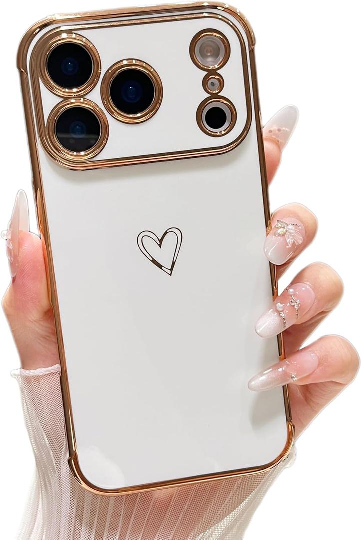 ZTOFERA Designed for iPhone 17 Pro Max Case 6.9 inch,Cute Plating Edge Love Hearts Pattern with Camera Lens Protection Phone Cover for Girls Women,White