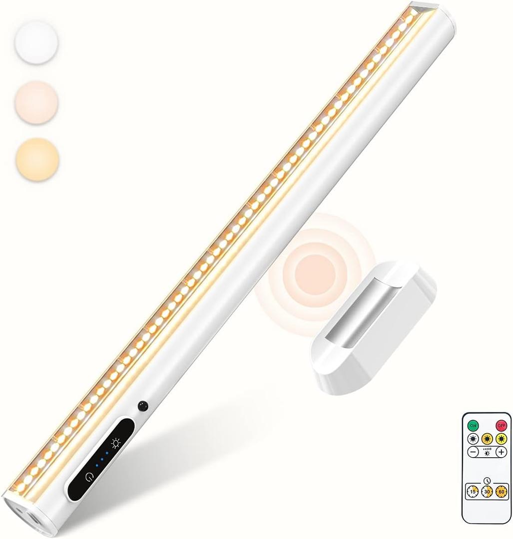 Rechargeable Magnetic LED Light Bar with Remote, Under Cabinet Lighting Wireless, Battery Powered Operated Wall Strip Lights, Dimmable Desk Lamp for Mirror Closet Bathroom Kitchen  White (without Motion Sensor)