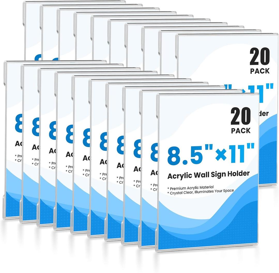 20 Pack Acrylic Sign Holder 8.5 x 11 Wall Mount, Clear Wall Signs Photo Menu Flyer Display Holders, Plastic Paper Picture Acrylic Frames for Office Home Restaurant Business Store (with Adhesive Tape)