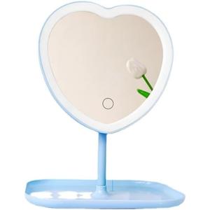 Vanity Mirror, Heart-Shaped Makeup Mirror with Three-Level Dimming and LED Lights for Girls and Students (Blue)