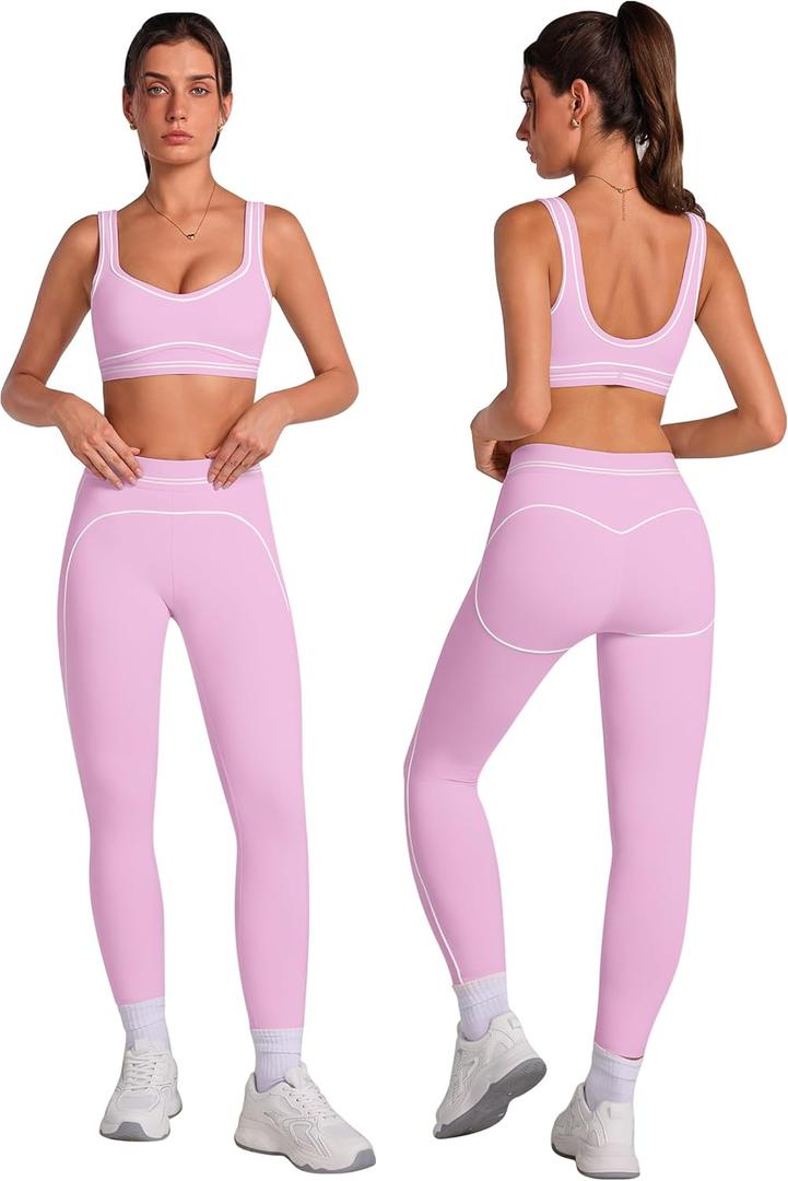 ABOCIW Women 2 Piece Workout Sets Color Block Sports Bra High Waist Tummy Control Leggings Gym Yoga Pilates Outfits, M