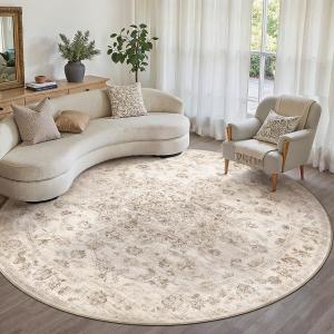 8x8 Washable Neutral Round Rug Beige Vintage Living Room Bedroom Circle Rug Non-Slip Soft Low Pile Farmhouse Indoor Carpet for Kitchen Dining Room Office