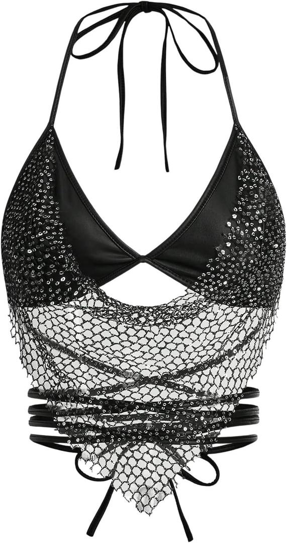 SHENHE Women's Sparkly Sequin Mesh Halter Top Open Back Sheer Sexy Party Rave Crop Top (Medium, Black)