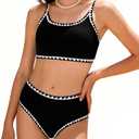 FtcoDcik Girls Swimsuit Double Strap High Waist Sporty Bikini Swimsuits Summer Beach 2 Piece Bikini Sets(11 Years) Black (Black)