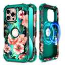 Hekodonk for iPhone 16 Pro Max Case Magnetic,[Compatible with MagSafe] Floral Three Layer Heavy Duty Drop Shockproof Full Protective Women Girls Case for Apple iPhone 16 Pro Max 6.9 inch,Green/Black
