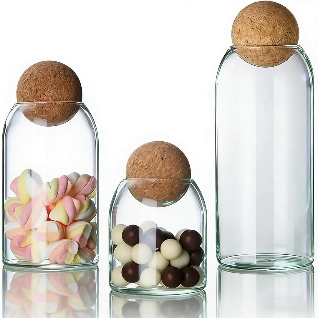 Glass Storage Jars with Ball Cork Lids - 3 Pcs Set, Decorative Round Glass Canisters, Wood Ball Lids, Sizes: 500ML/17Oz, 800ML/27Oz, 1000ML/34Oz