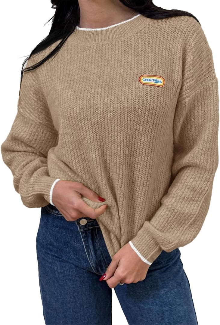 Saodimallsu Womens Sweaters Crew Neck Long Sleeve Knit Contrast Piping Stripe Lightweight Casual Fall Pullover Tops 2025 (Brown)