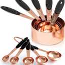Joyhill Copper Measuring Cups and Spoons Set of 10 Piece, Stainless Steel Nesting Measuring Cup Set with Soft Touch Silicone Handles for Dry and Liquid Ingredients (e)Rose gold-Black)