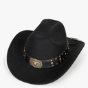 Western-Cowboy-Hats for Women Men - Classic Wide Brim Felt Fedora Unisex Upturn Bull Head Cowgirl Caps with Buckle Belt